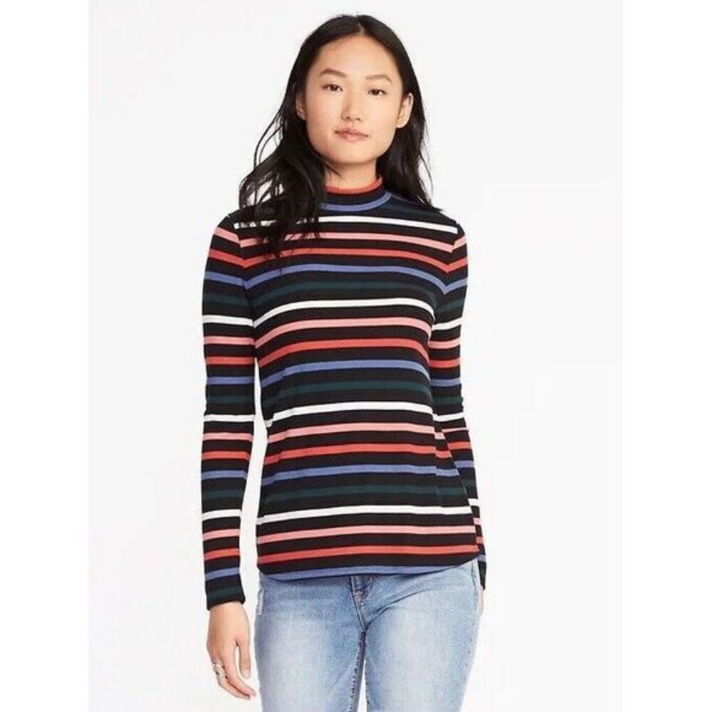 Old Navy Women 2X Colorful Stripe Semi-Fit Mock Neck Black Shirt Casual